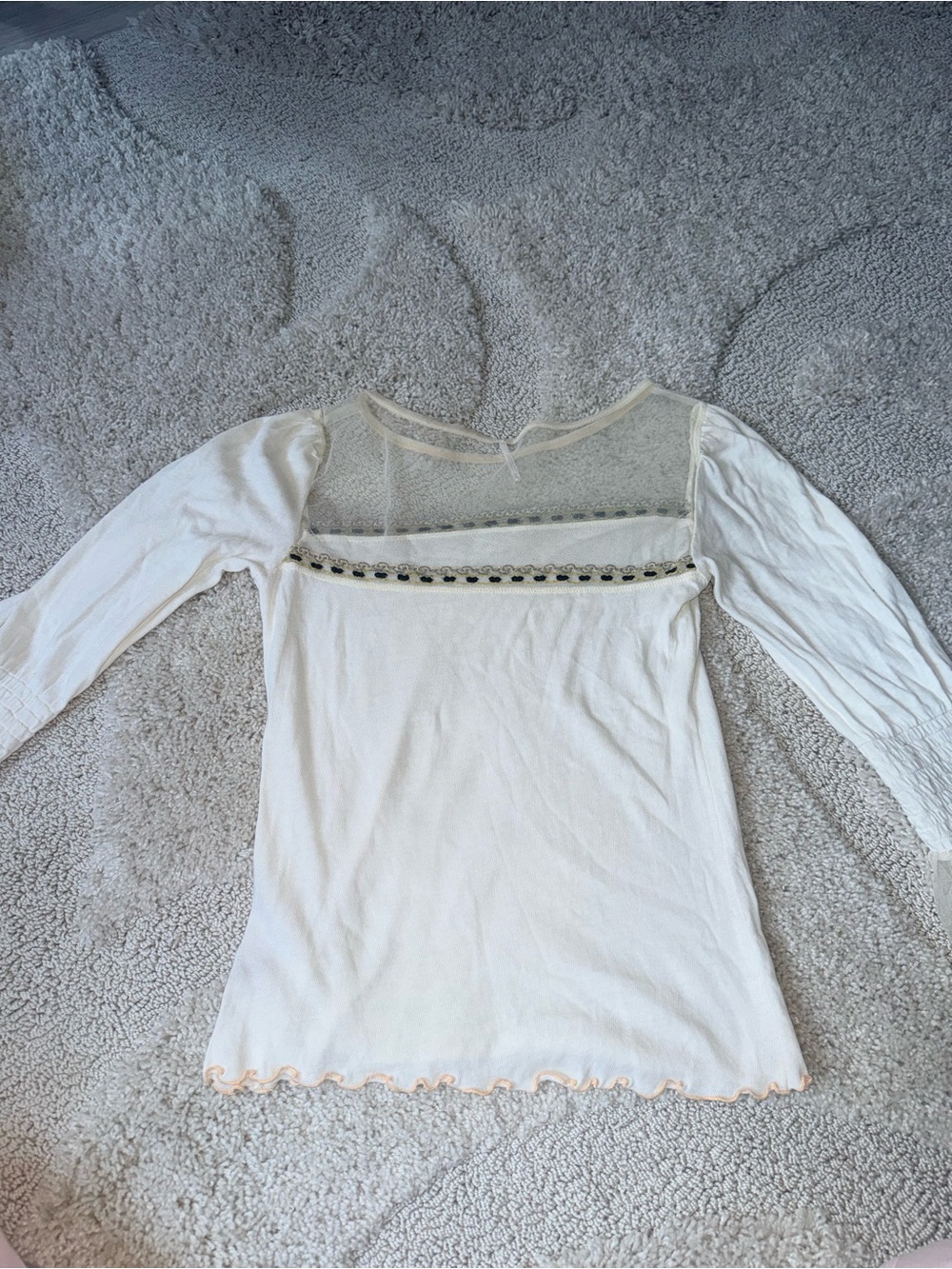 Free People Ivory Long Sleeve Tee with Sheer Mesh Yoke and Trim